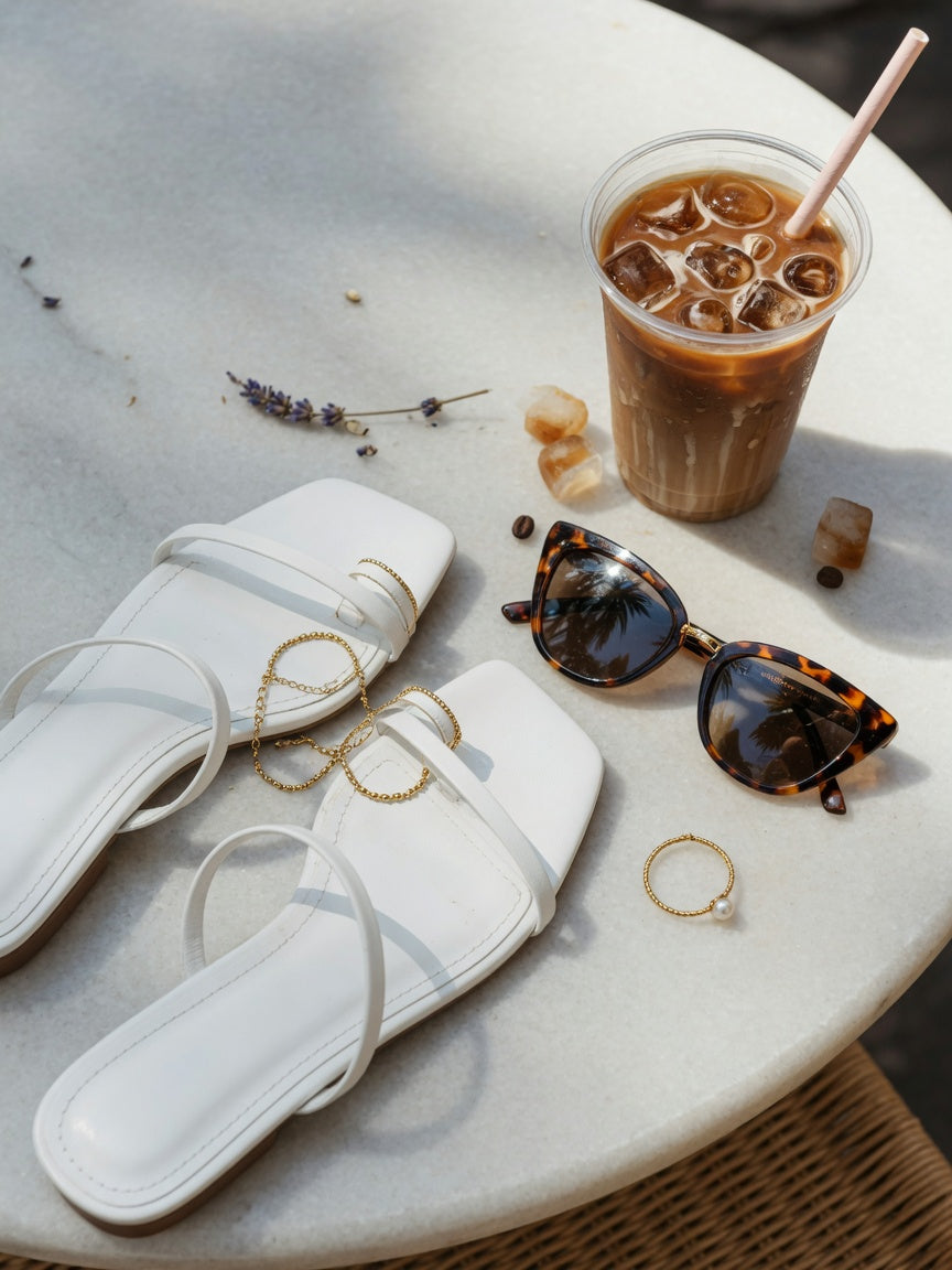 Everyday toe ring styling editorial, sandals and café terrace flat lay