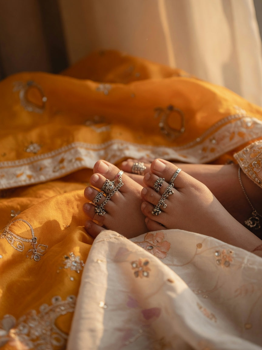 Vogue-style editorial of silver bichiya toe rings on bridal silk